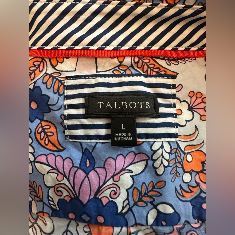 Talbots Button Front Shirt Top Orange Blue Pink Floral Long Sleeve  Large #1620 - Picture 5 of 6